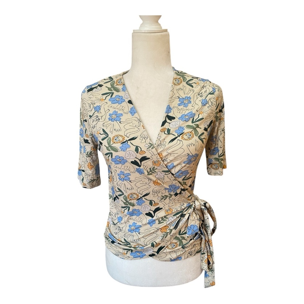 Eve Gravel Womens Melisse Wrapped Blouse Top Size Small V-Neck Floral Art Print